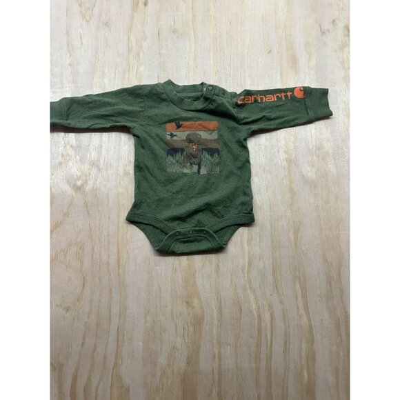 Carhartt Baby Boy Bodysuit One Piece Long Sleeve Sz 3 Months Lab Dog Green Duck - Picture 1 of 4